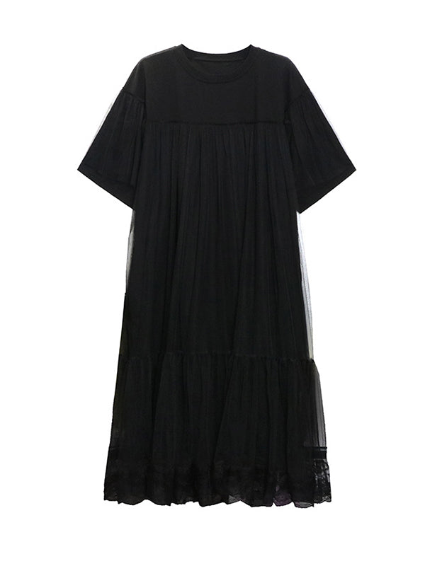 Fausses robes mi-longues en gaze ample plissées en deux pièces, couleur unie, à empiècements, à plusieurs niveaux, col rond