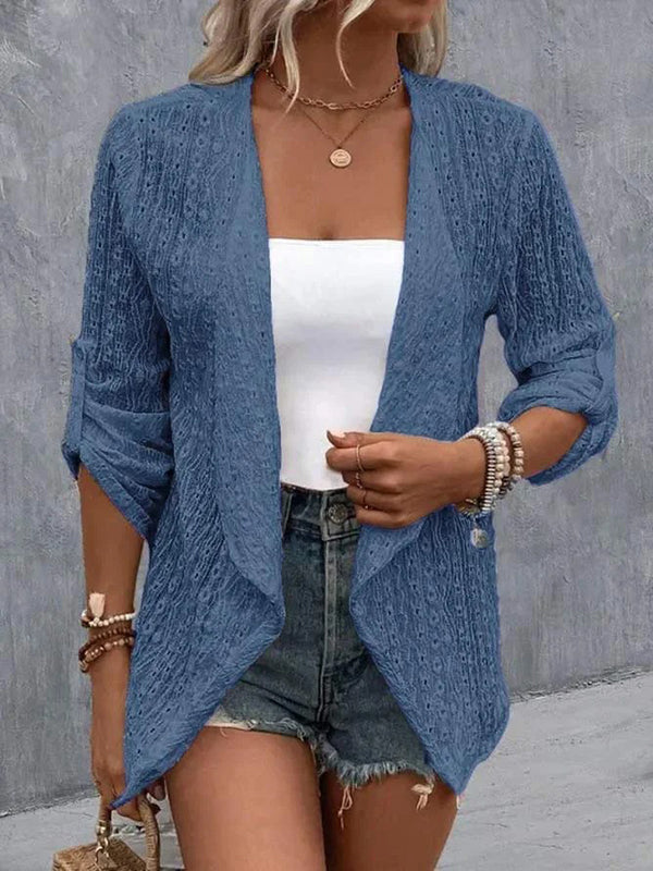 Veste ample boutonnée ajourée à manches longues, en jacquard, sans col, couleur unie