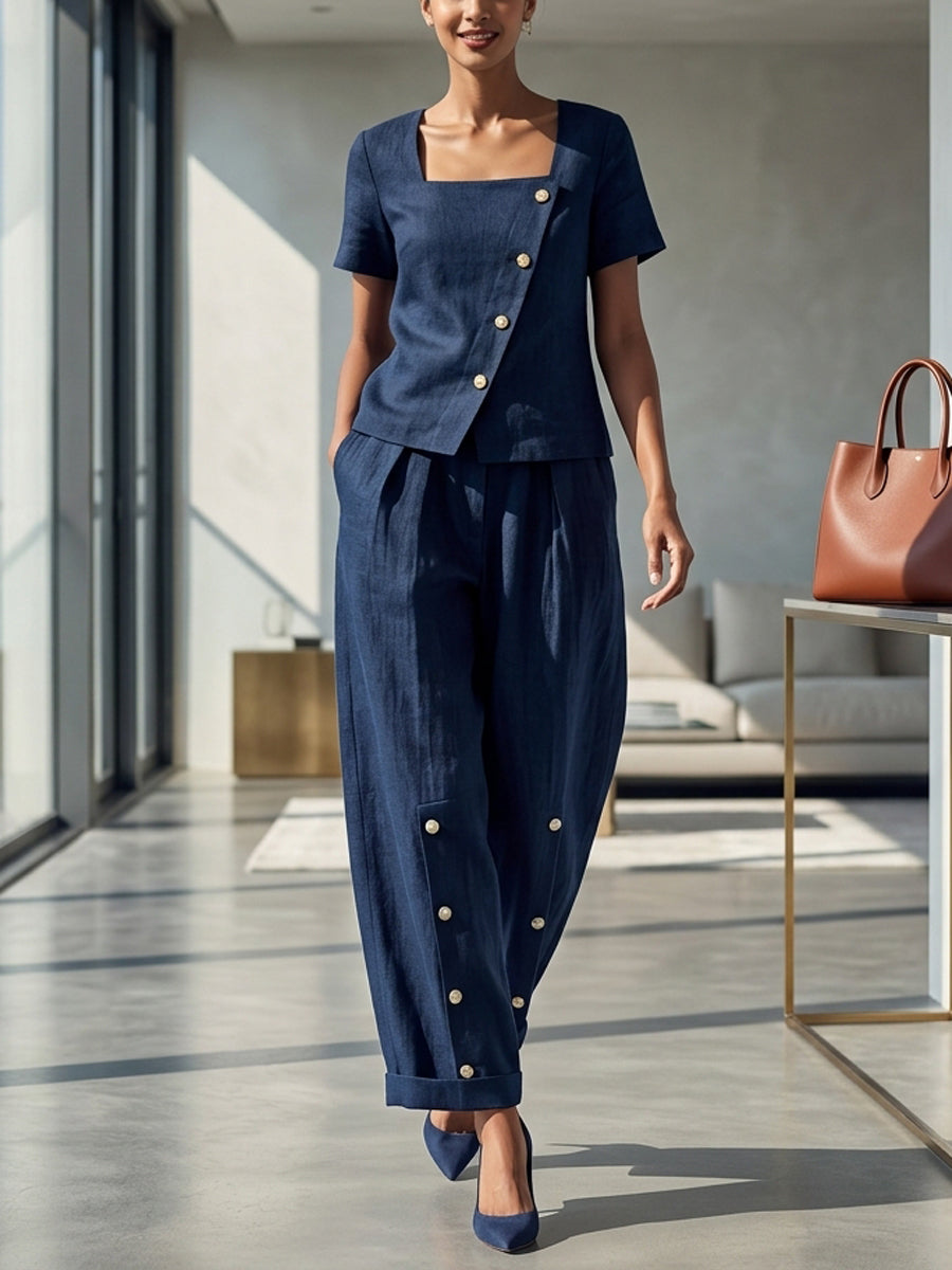 Pantalon ample boutonné à jambes larges, à poches, couleur unie