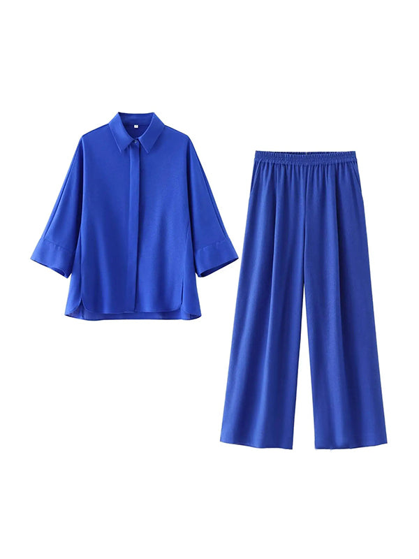 Ensemble deux pièces ample fendu sur le côté plissé à empiècements, à col revers, à taille élastique, couleur unie – chemisier + pantalon