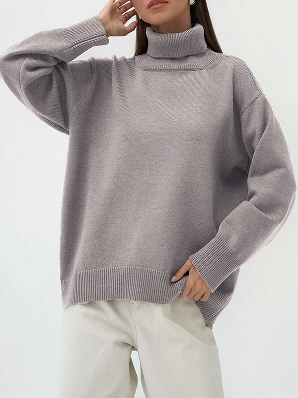 Pull en maille ample à manches longues, à col haut, couleur unie