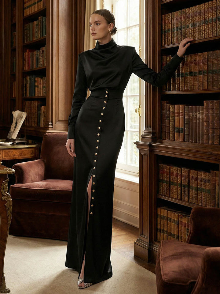 Ensemble deux pièces plissé asymétrique boutonné fendu sur le côté à empiècements, à col bénitier, à manches longues, à taille élastique, à fermeture éclair, couleur contrastée – chemisier + jupe