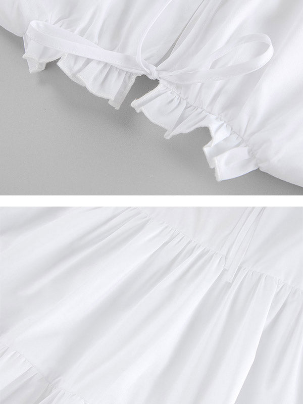 Robe chemise ample plissée volantée coupe trapèze, à empiècements, à col rond, couleur unie