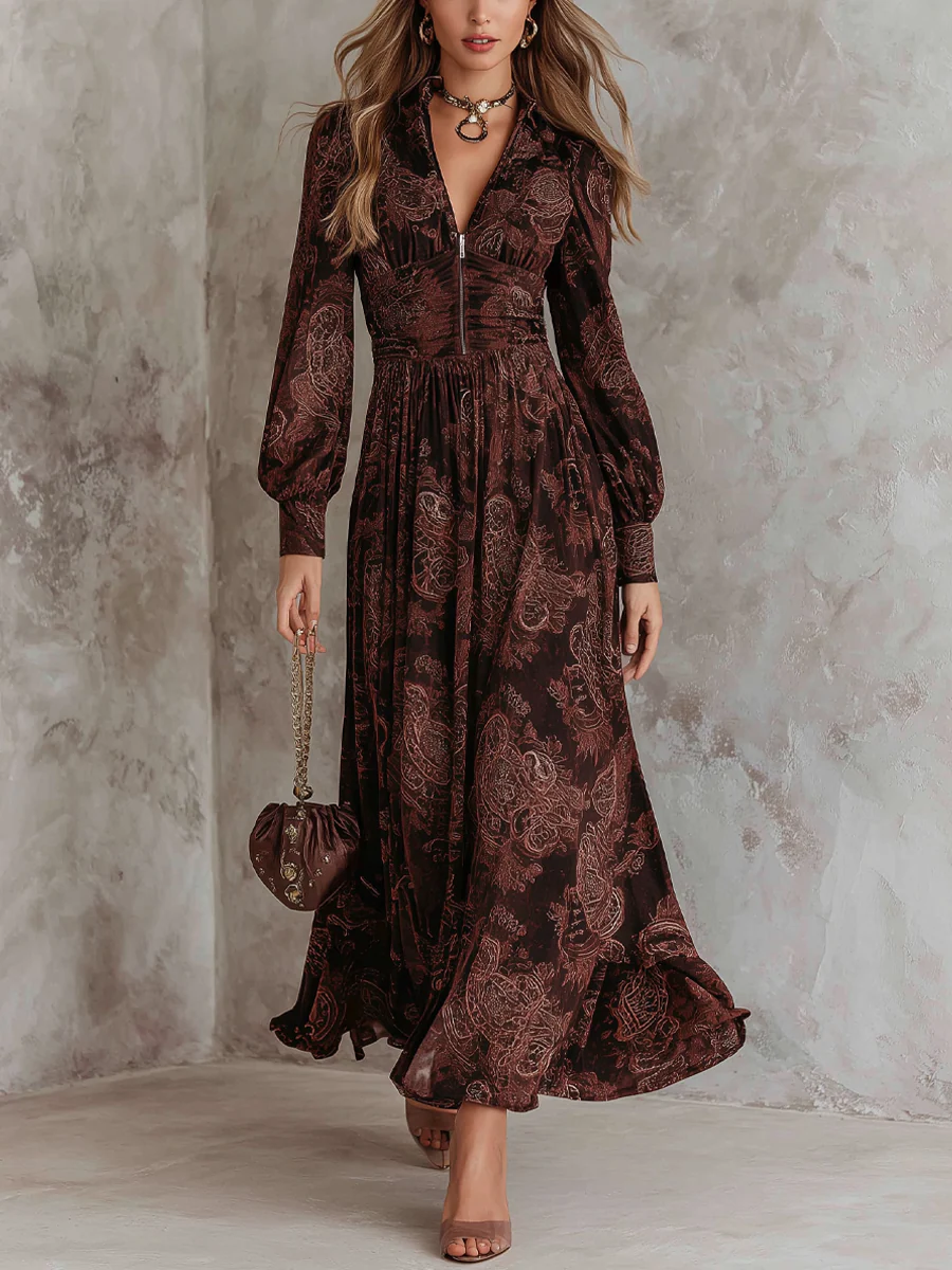 Nina | Robe midi pour femmes Paisley fermeture éclair décontractée chic