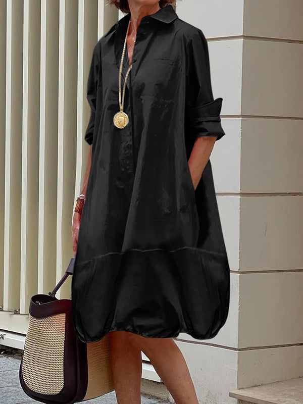 Robe chemise ample à manches longues, à col revers, couleur unie