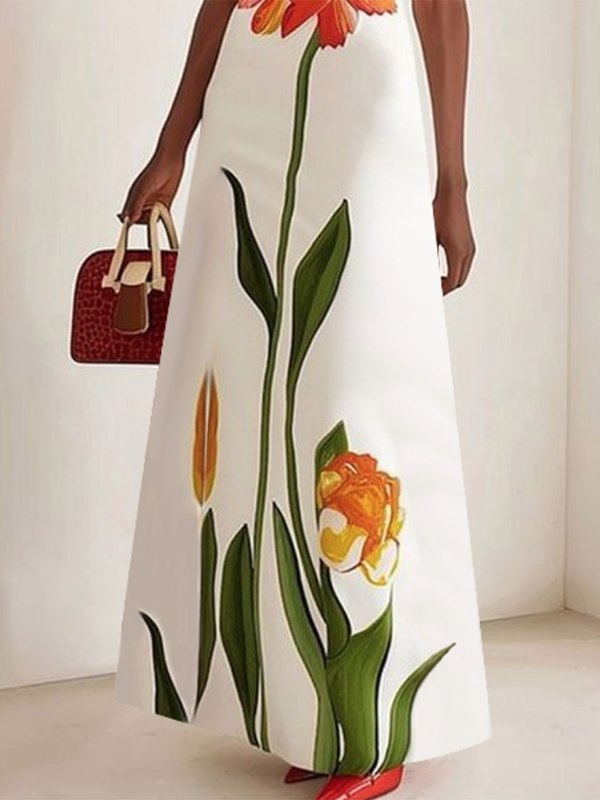 Robe longue à manches courtes, à imprimé floral, à col bateau
