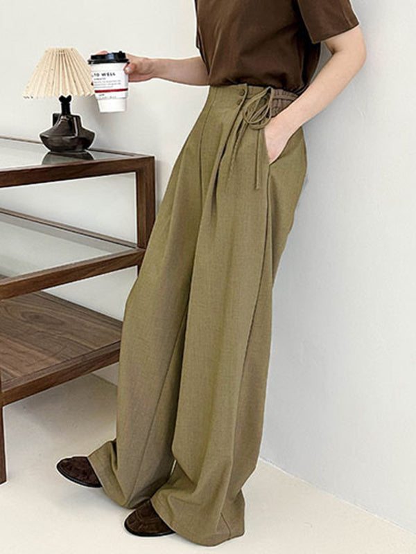 Pantalon ample plissé taille haute, à lacets, à empiècements, couleur unie