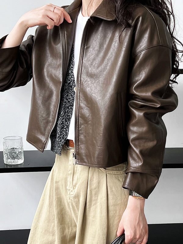 Veste ample à manches longues, à fermeture éclair, à col revers, couleur unie