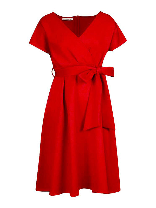 Robe mi-longue à nœud, à lacets, à col en V, couleur unie