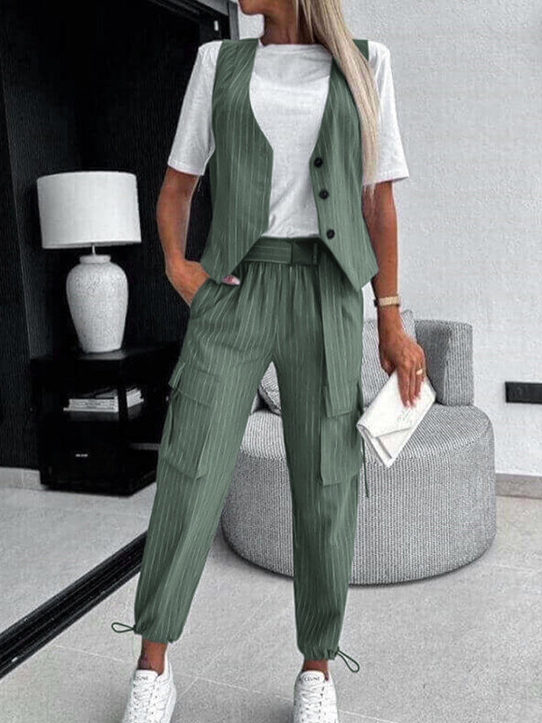 Ensemble deux pièces ample boutonné rayé plissé à col en V, à cordon de serrage, à poches – débardeur + pantalon 7/8 + pantalon