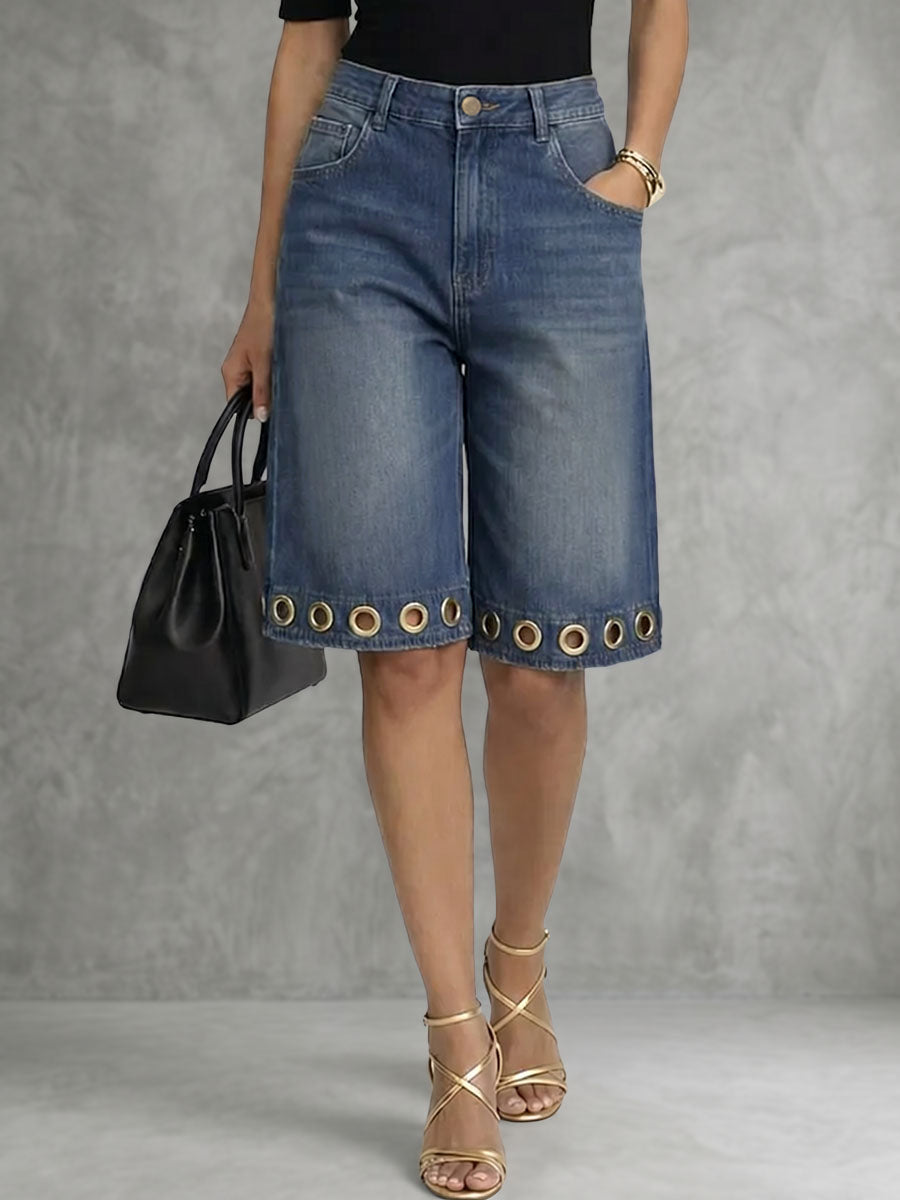 Short boutonné ajouré taille haute, à jambes larges, à poches, à empiècements, couleur unie