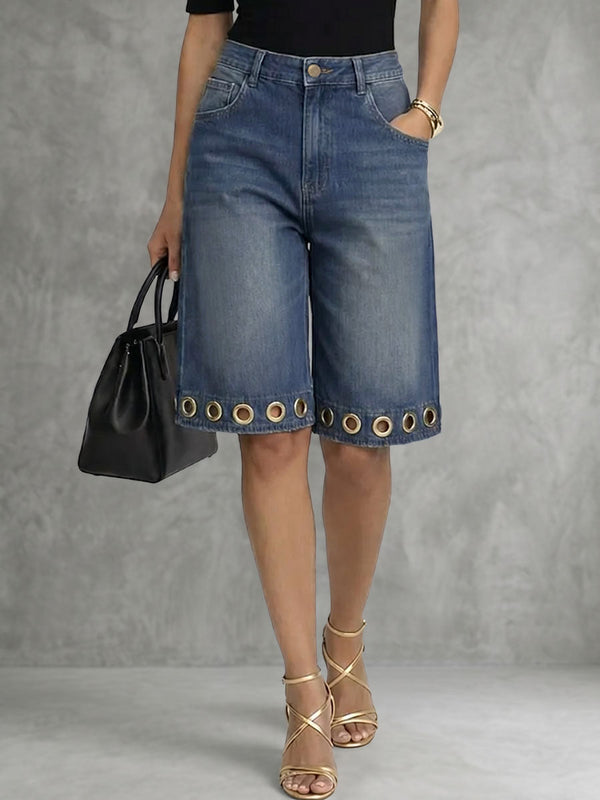 Short boutonné ajouré taille haute, à jambes larges, à poches, à empiècements, couleur unie