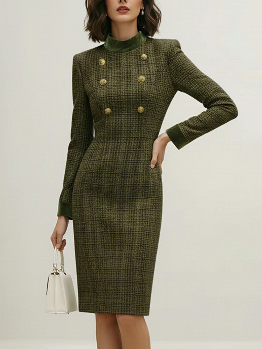 Robe mi-longue boutonnée taille haute, à manches longues, à empiècements, à fermeture éclair, à col cheminée, couleur unie