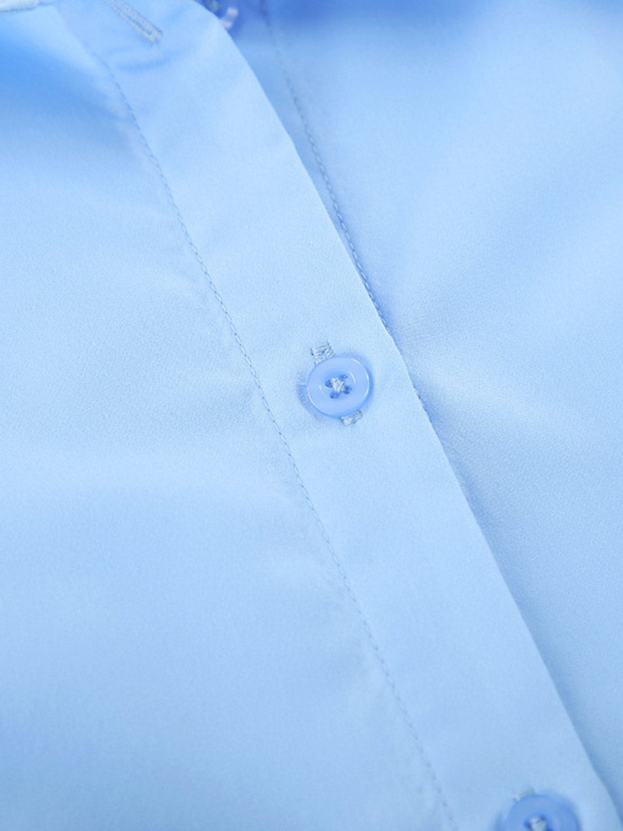 Robes courtes chemise à manches longues, ample, boutonnée, couleur unie, joint torsadé, revers torsadé