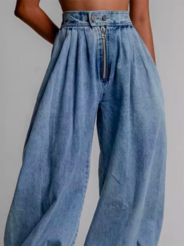 Pantalon en Jean ample boutonné de couleur unie avec fermeture éclair, bas Knickerbockers
