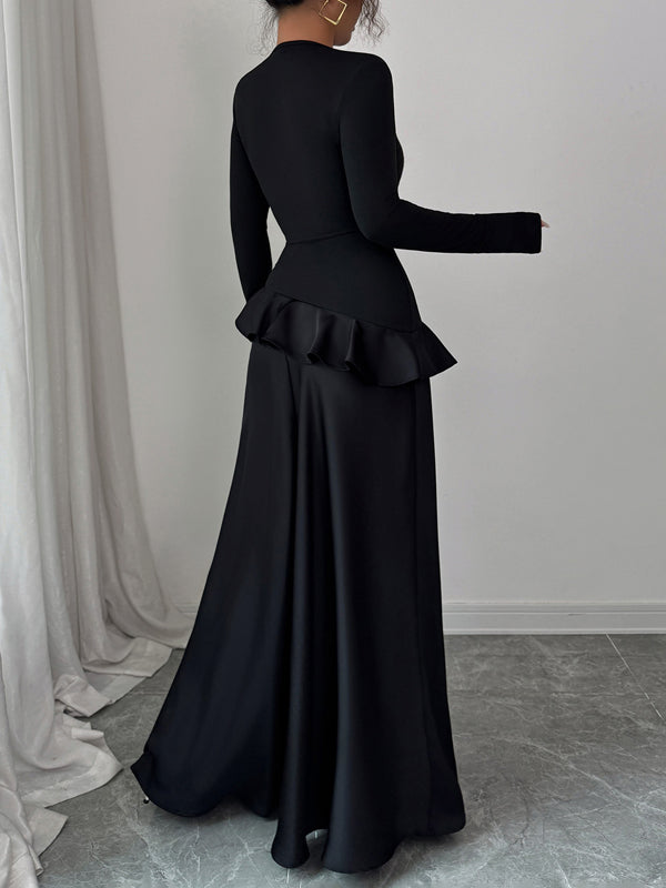 Robe longue coupe trapèze, taille haute, à bordure volantée, à empiècements, à col rond, couleur unie