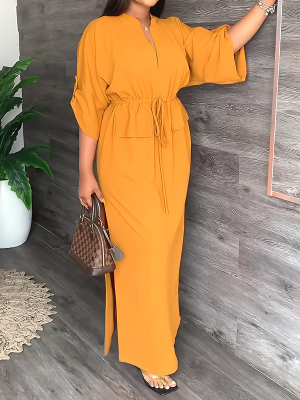 Robe longue ample fendue sur le côté à cordon de serrage, à col en V, couleur unie