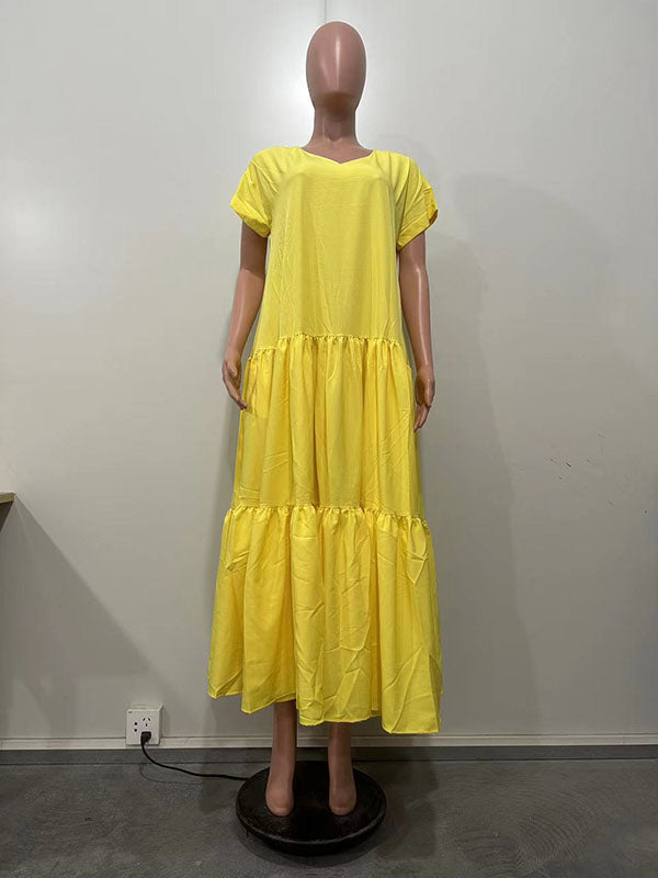 Robe longue ample plissée coupe trapèze, à empiècements, à col en V, couleur unie