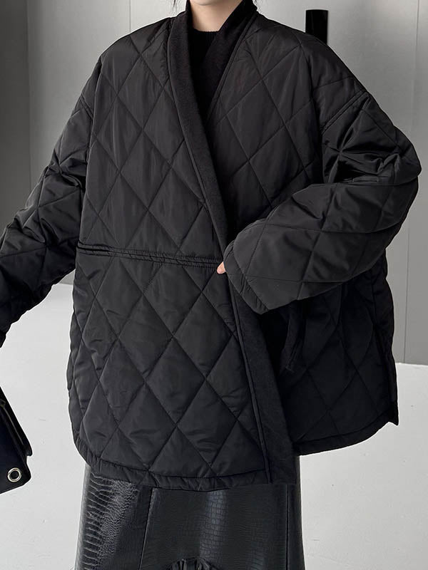 Manteau rembourré à manches longues, ample, à carreaux, couleur unie, à empiècements, noué, sans col, vêtements d'extérieur