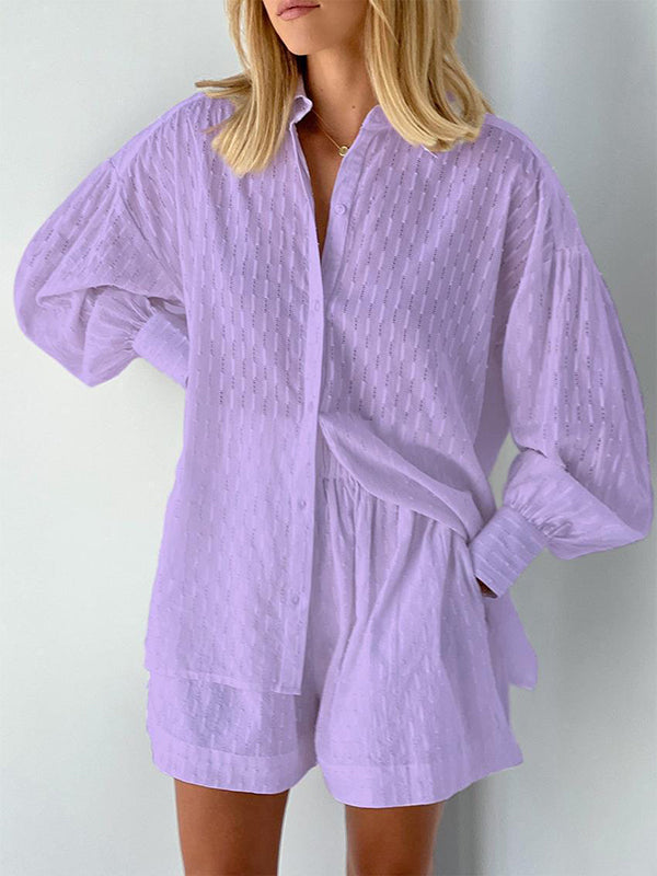 Ensemble deux pièces boutonné à ourlet plongeant, à manches longues, en jacquard, à col revers, couleur unie – chemise + haut + short