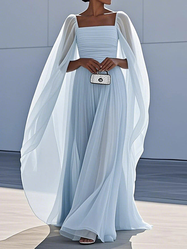 Robe de soirée longue plissée style cape, en gaze, à empiècements, à col carré
