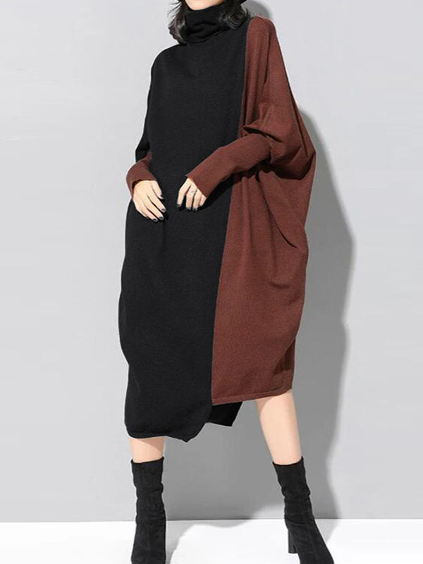 Robe décontractée ample à empiècements, à col haut, à manches longues, couleur contrastée