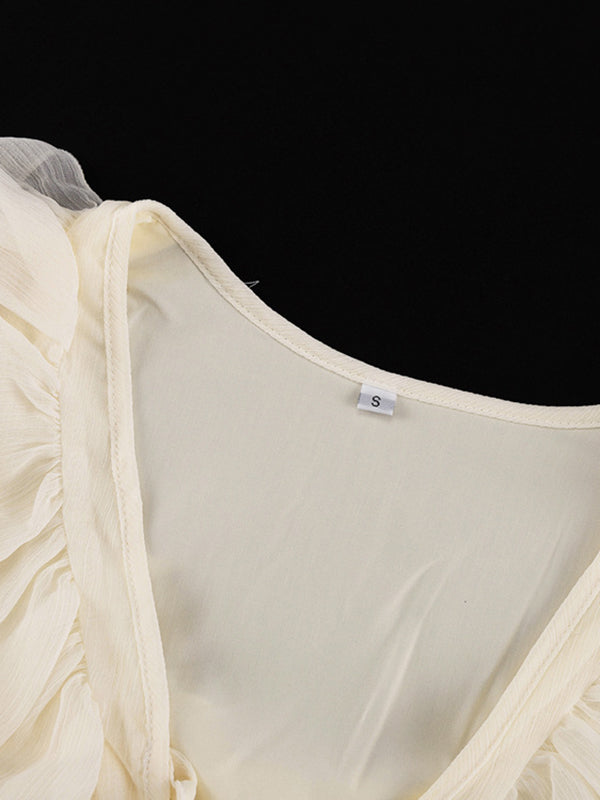 Robe courte nouée coupe trapèze, taille haute, à bordure volantée, à col en V, couleur unie