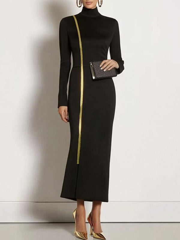 Robe longue moulante asymétrique à manches longues, à empiècements, à col haut