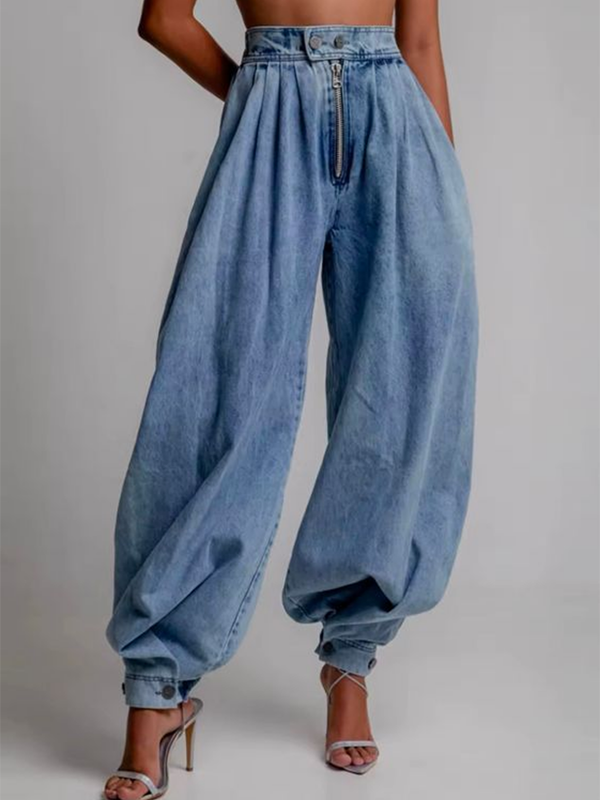 Pantalon en Jean ample boutonné de couleur unie avec fermeture éclair, bas Knickerbockers
