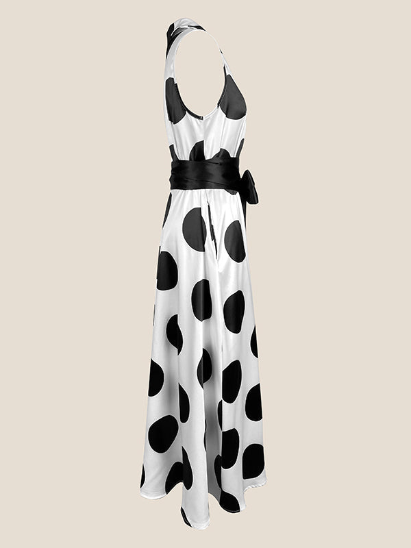 Robe chemise coupe trapèze, sans manches, à pois, à empiècements, à taille nouée, à col revers