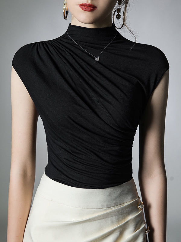 T-shirt plissé coupe près du corps, à col cheminée, couleur unie