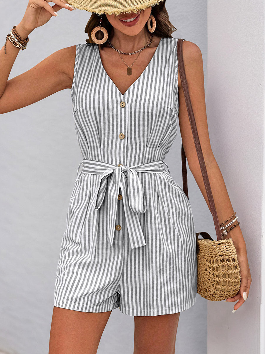 Combishort boutonné rayé à taille élastique, taille haute, à poches, à taille nouée, à col en V