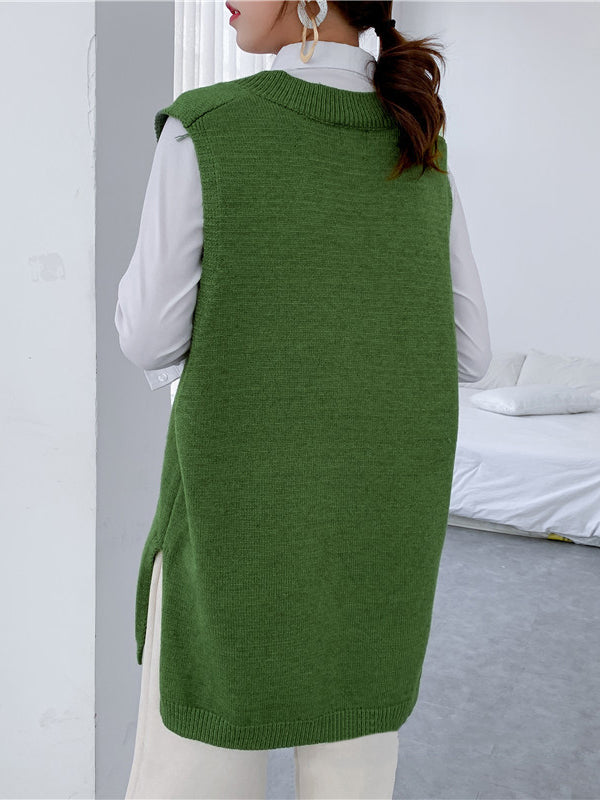Gilet tricoté sans manches à la mode, fendu sur le côté, couleur unie, col en V