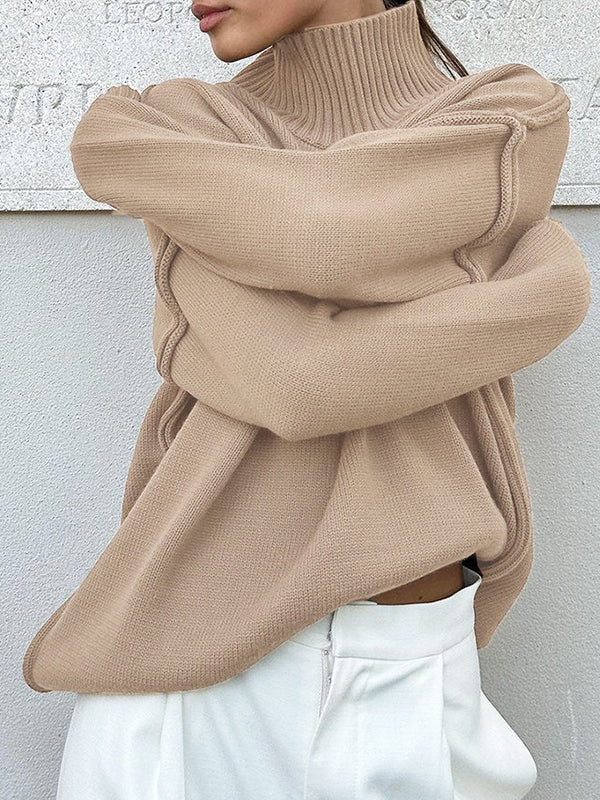Pull ample à manches longues, à empiècements, à col haut, couleur unie