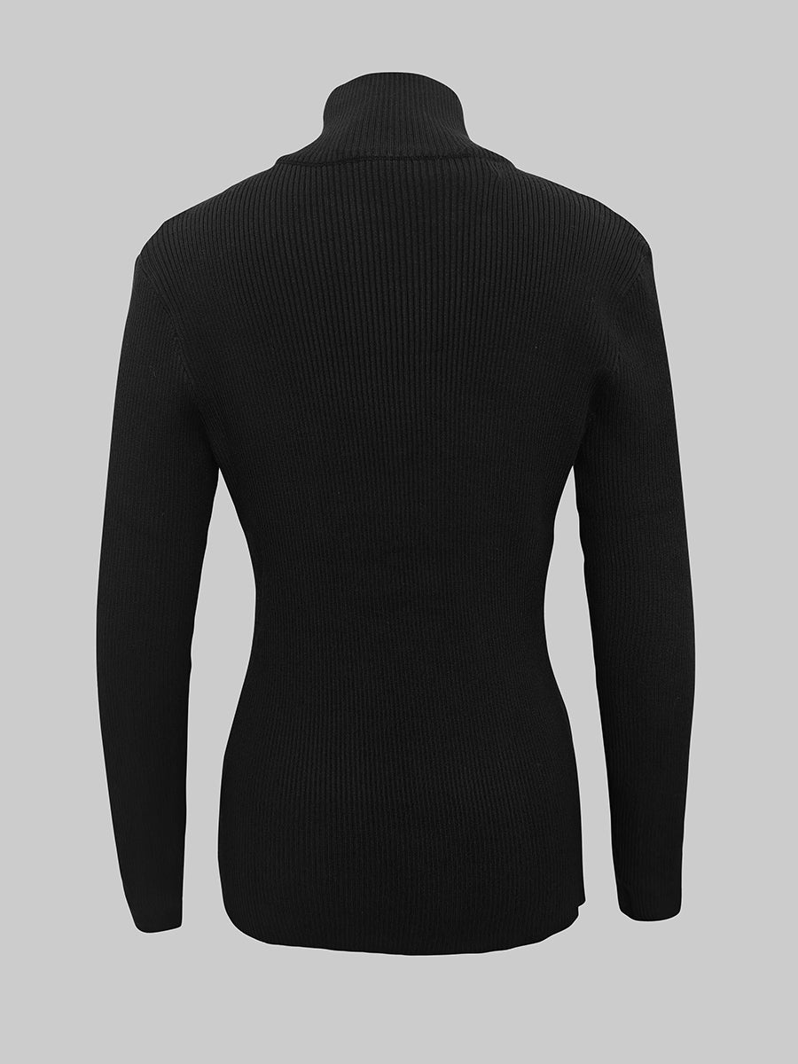 Pull à manches longues, coupe près du corps, à fermeture éclair, à col haut, couleur unie