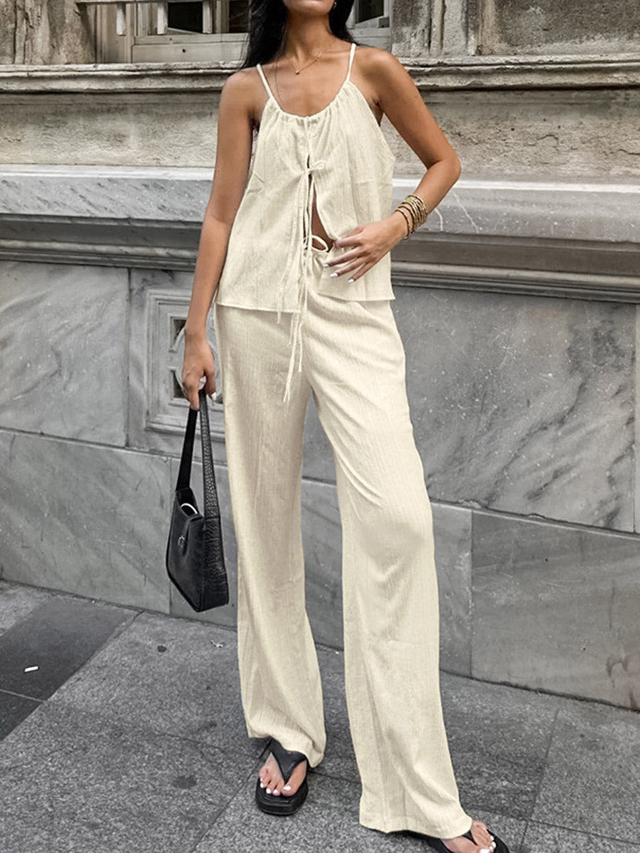Ensemble deux pièces court plissé à col licou, à empiècements, taille haute, à taille élastique, à taille nouée, couleur unie – débardeur + pantalon