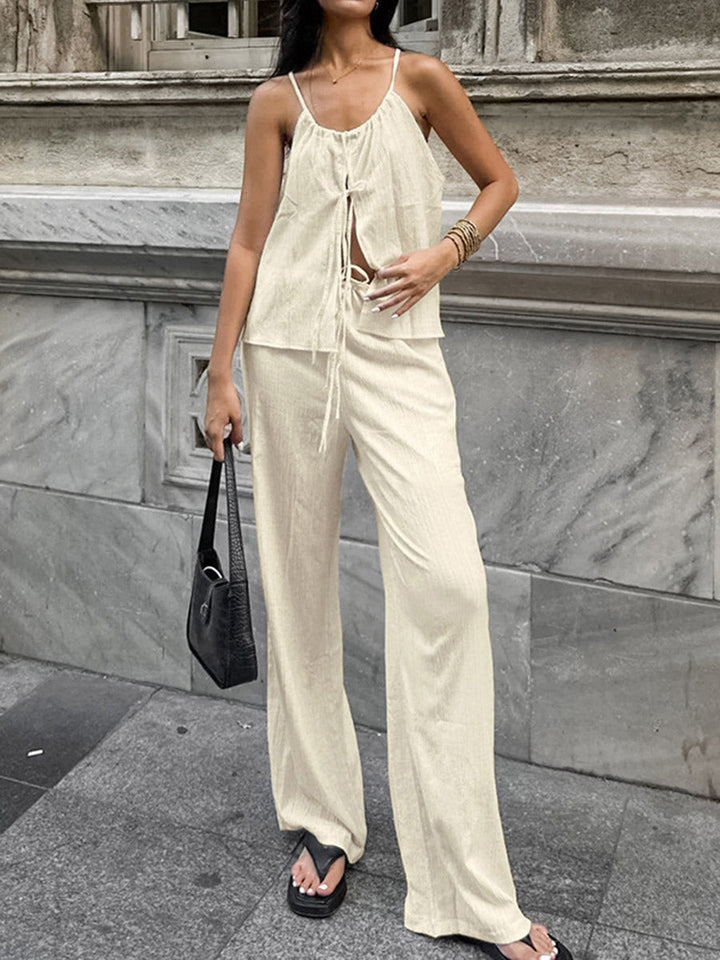 Ensemble deux pièces court plissé à col licou, à empiècements, taille haute, à taille élastique, à taille nouée, couleur unie – débardeur + pantalon