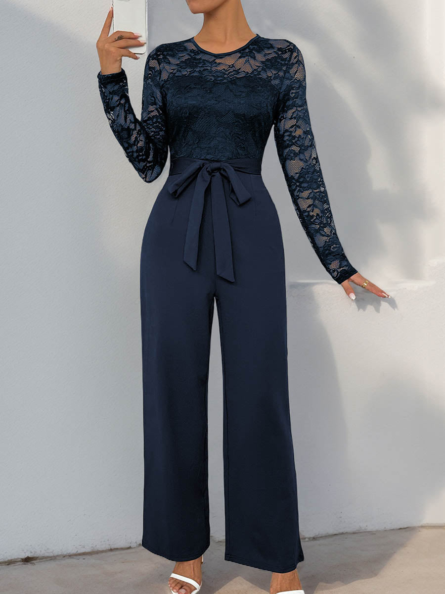 Combinaison transparente coupe droite, taille haute, à empiècements, à taille nouée, à col rond, couleur unie