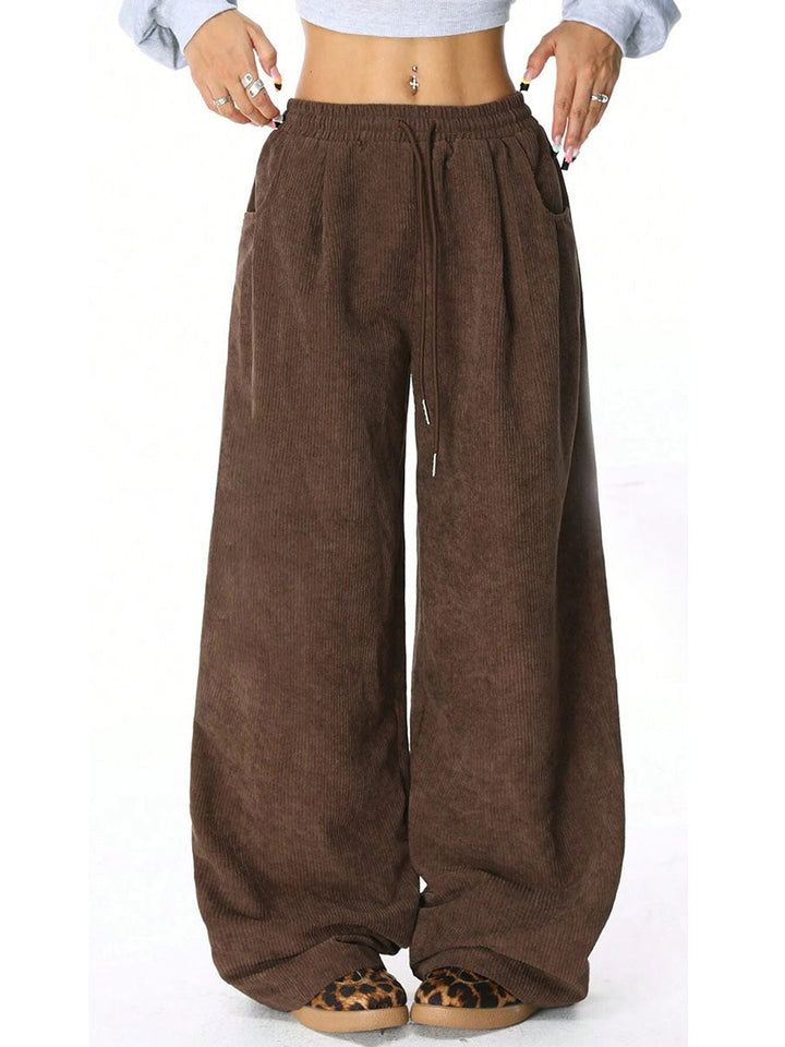 Pantalon taille haute, à jambes larges, à cordon de serrage, à taille élastique, à poches, couleur unie