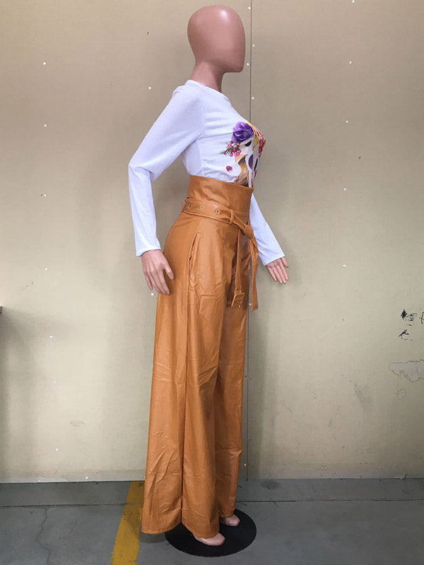 Pantalon taille haute, à jambes larges, avec ceinture, à fermeture éclair, couleur unie