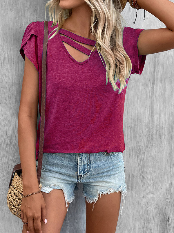 T-shirt ample à manches courtes, à col en V, couleur unie