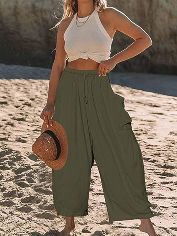 Pantalon ample plissé taille haute, à cordon de serrage, à taille élastique, à poches, couleur unie