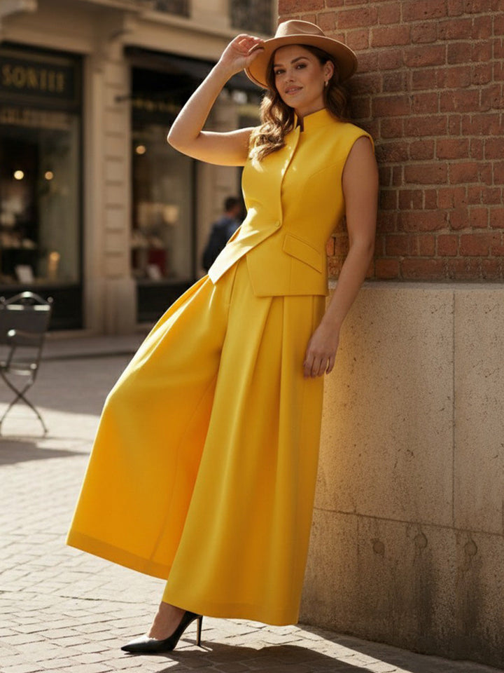 Pantalon ample plissé taille haute, à empiècements, couleur unie