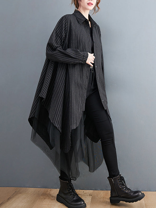Robe ample rayée longue en gaze, à empiècements, à col revers
