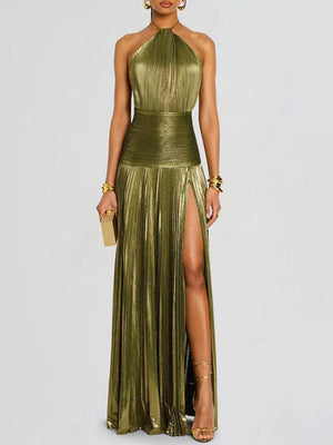 Robe longue plissée brillante fendue sur le côté à taille élastique, sans manches, à col licou, couleur unie