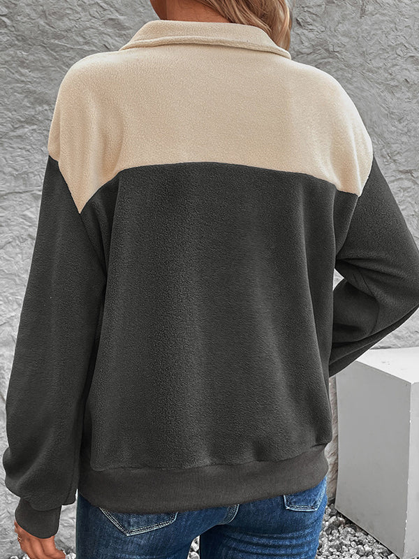 Sweat-shirt ample boutonné à manches longues, à empiècements, en velours, à col montant, couleur contrastée