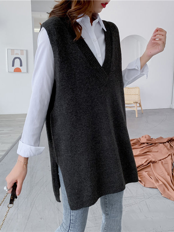 Gilet tricoté sans manches à la mode, fendu sur le côté, couleur unie, col en V