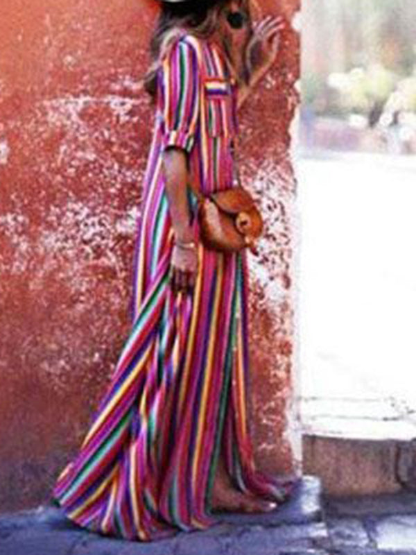 Robe chemise ample rayée à manches longues, à empiècements, à col revers