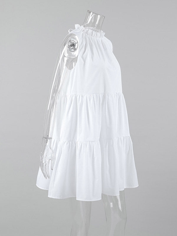 Robe chemise ample plissée volantée coupe trapèze, à empiècements, à col rond, couleur unie
