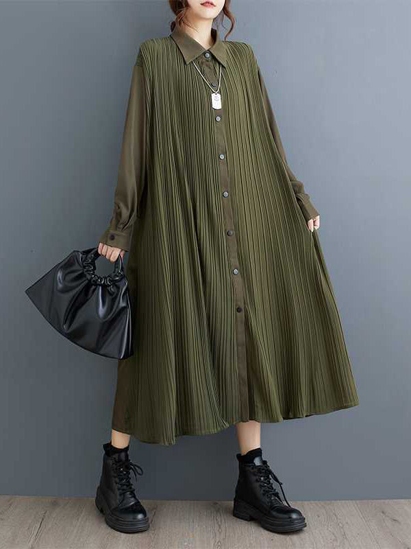Robe chemise boutonnée plissée coupe trapèze, à manches longues, à poches, à empiècements, à col revers